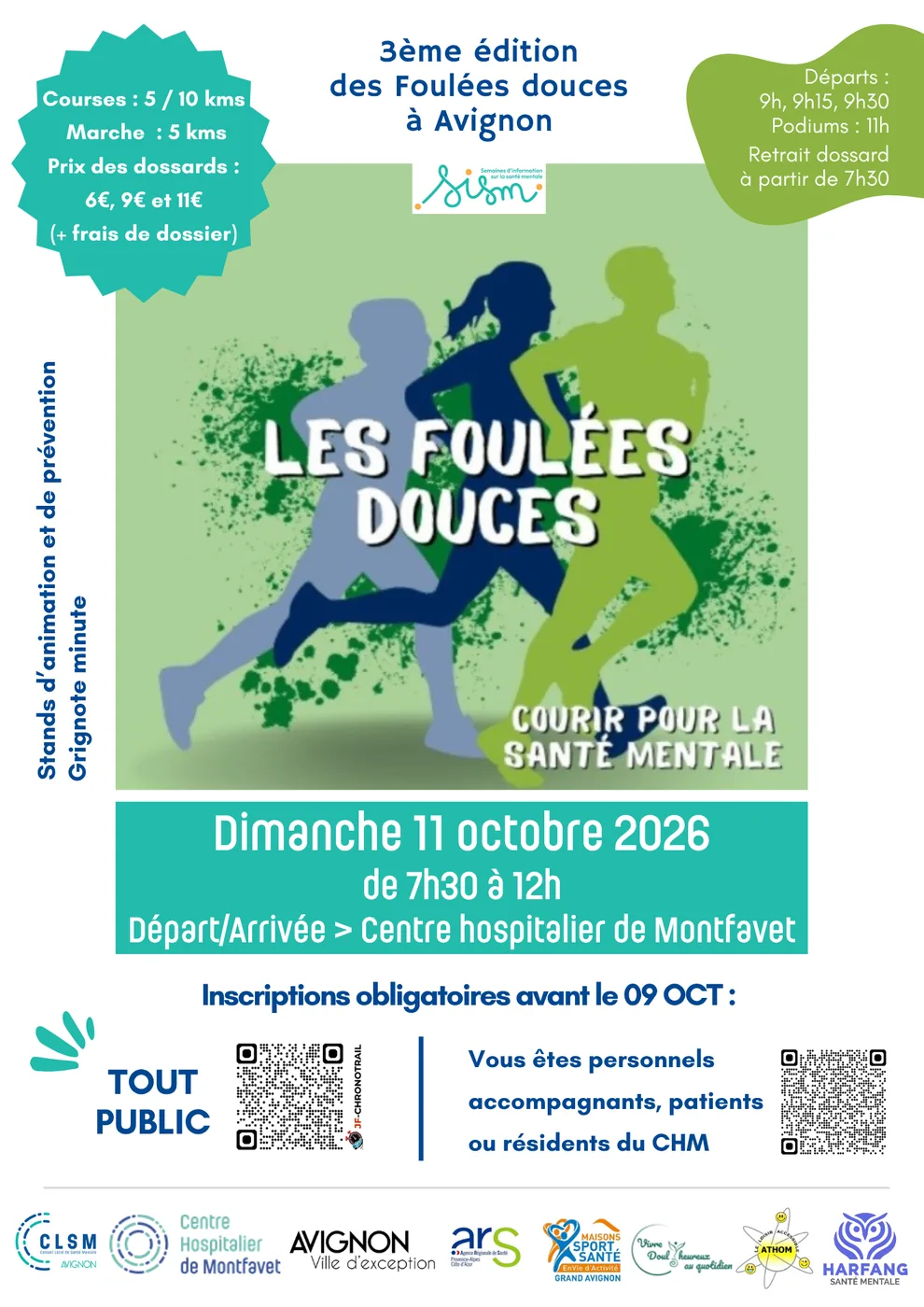 Affiche des Foulées douces, 3e édition, dimanche 11 octobre 2026 de 7h30 à 12h, départ et arrivée au Centre Hospitalier de Montfavet